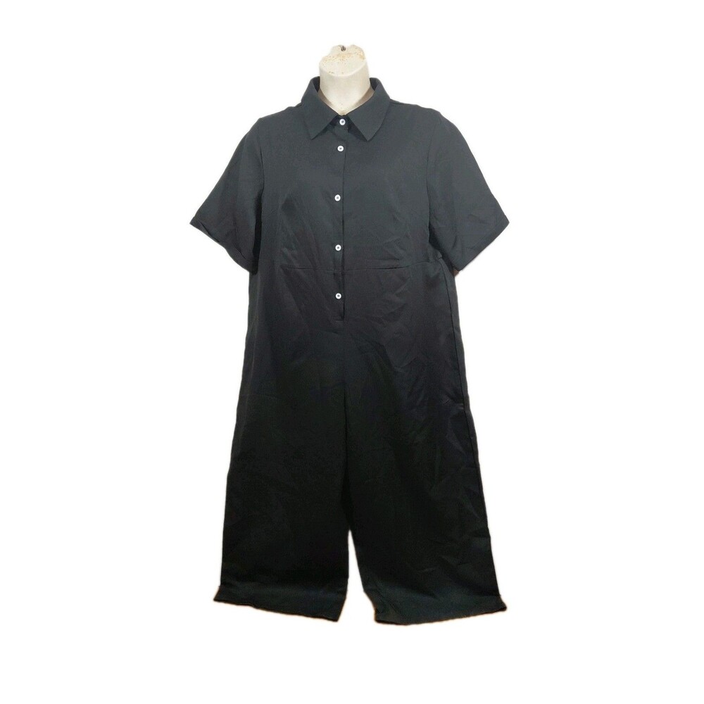 Yx Women's Black 1/2 Button Down Short Sleeve Wide Leg Jumpsuit 2XL